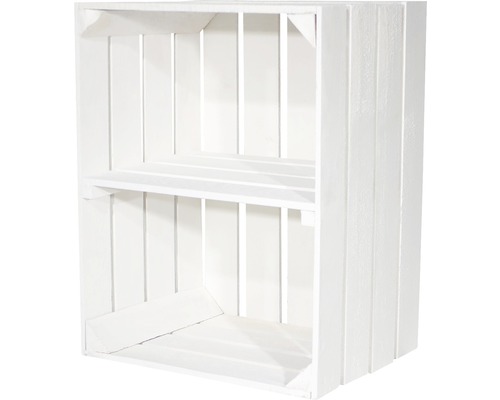 Weiße Holzkiste mit einem Regalbrett für Lagerung und Organisation