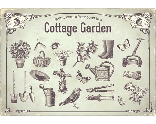 Küchenrückwand mySpotti pop Cottage Garden 590x410x2 mm Illustration eines Cottage Gartens mit Gartenwerkzeugen und Pflanzen