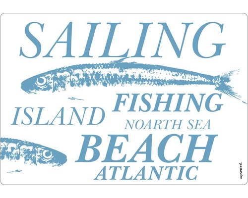 Küchenrückwand mySpotti pop Fishing 590x410x2 mm Dekoratives Schild mit Fischmotiven und maritimen Begriffen wie Segeln, Fischen und Strand