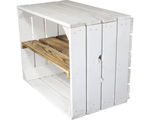 Weiße Holzkiste mit Regalböden für die Aufbewahrung