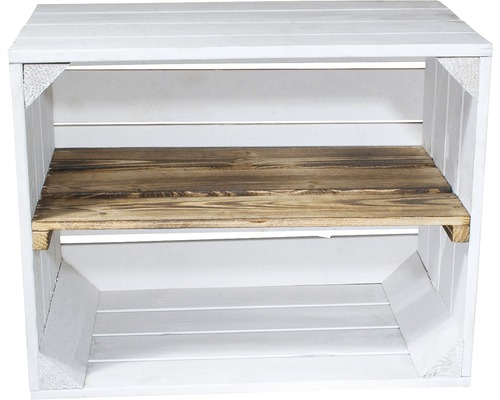 Weiße Holzkiste mit Zwischenboden als Regaleinsatz