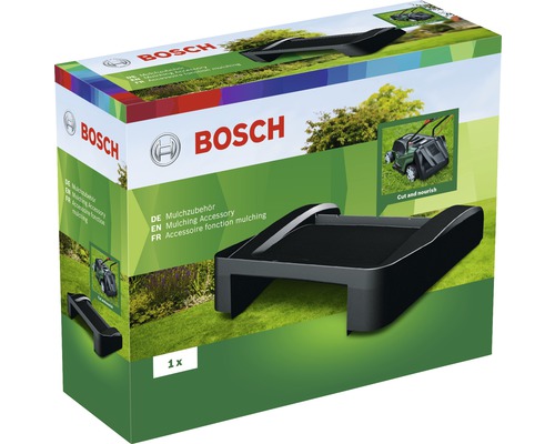 Bosch Logo. Verpackung eines Bosch Mulchzubehörs für Rasenmäher.