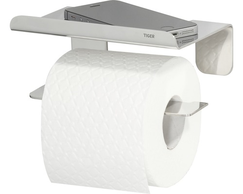 Toilettenpapierhalter mit Ablage und Smartphone auf der Ablagefläche