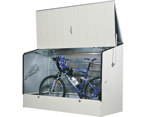 Fahrradbox mit geöffnetem Deckel und Fahrrad