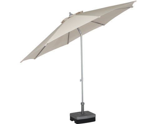 Beigefarbener Sonnenschirm mit Ständer für den Außenbereich