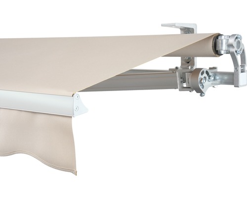 SOLUNA Gelenkarmmarkise Concept 3,5x2,5 Stoff Dessin 8902 Gestell Silber E6EV1 eloxiert Antrieb rechts inkl. Motor und Wandschalter Detailansicht einer Gelenkarmmarkise