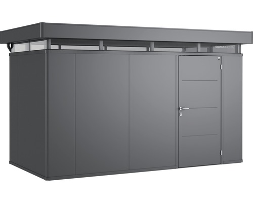 Gerätehaus Biohort CasaNova 4x2 Tür rechts 430 x 230 cm dunkelgrau-metallic Gartenschrank mit Tür und Fenster im Obergeschoss