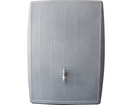 Grauer Regenwassertank mit Wasserhahn