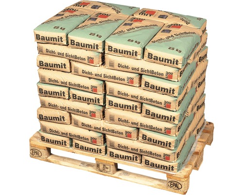 Palette mit Säcken von Baumit Dicht- und Sichtbeton, jeweils 25 Kilogramm