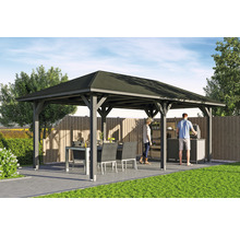 Pavillon mit Tisch und Grillplatz im Garten