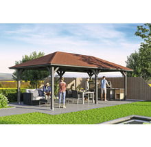 Szene im Garten mit Pavillon, Sitzgruppe, Esstisch und Grill