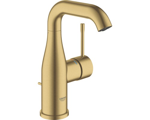 Waschtischarmatur Grohe Essence New mit Ablaufgarnitur 23462GN1 gold gebürstet Grohe Logo. Einzelner Waschtischmischer aus Metall.