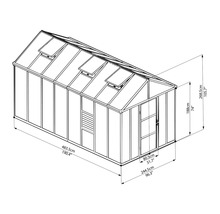 Technische Zeichnung eines Gewächshauses mit Maßangaben.