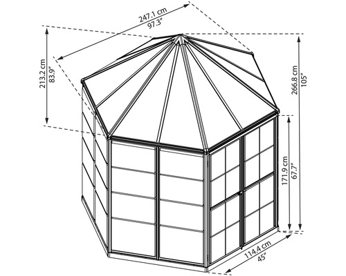 Technische Zeichnung eines Gartenpavillons mit Maßangaben in Zentimetern