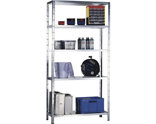 Steckregal Schulte Regalwelt verzinkt 200 x 120 x 35 cm 5 Böden Tragkraft 425 kg Regal mit fünf Ebenen und diversen Gegenständen