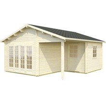 Holzgartenhaus mit Terrasse, Fenstern und Tür.