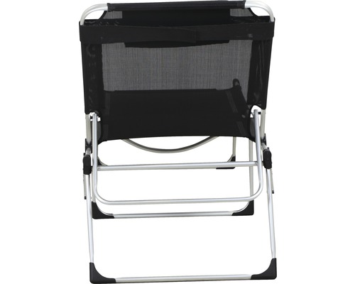 Sonnenliege Gardamo Sole Gestell Aluminium silber, Fläche Textilbezug schwarz Schwarzer Klappstuhl mit Aluminiumgestell von hinten