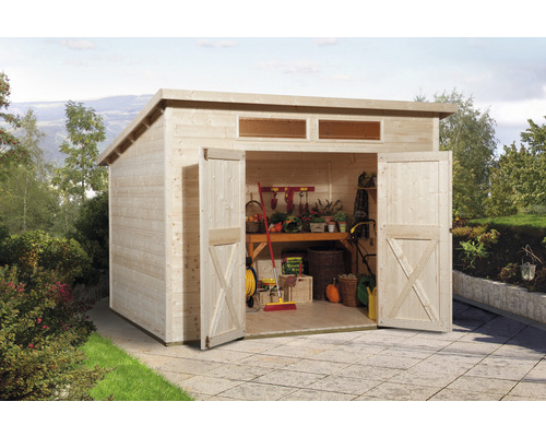 Gartenhaus weka 325 A Gr. 3 mit Fußboden 278 x 237 cm natur Gartenhaus mit geöffneten Doppeltüren und Flachdach zur Aufbewahrung von Gartengeräten.