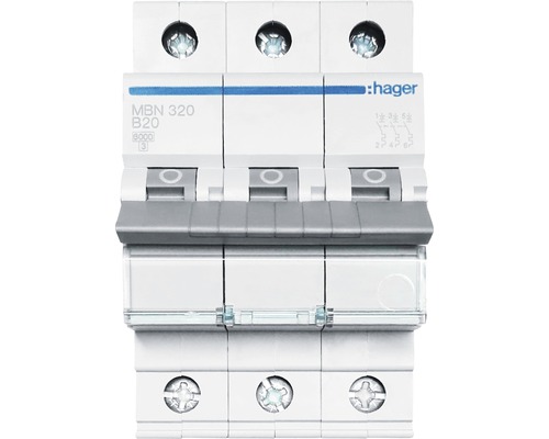 Hager MBN320 B 20A Sicherungsautomat 6kA 3-polig Hager Leitungsschutzschalter, dreipolig