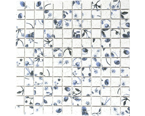 Keramikmosaik Quadrat CG SB09 30,0x30,0 cm weiß blau Mosaikfliese mit Pflanzenmuster