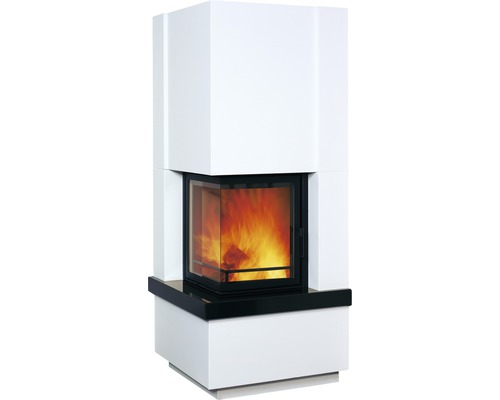 Kaminbausatz Hark Easy 500 Granit naturweiß/schwarz 8 kW Weißer Kaminofen mit Sichtfenster und brennendem Feuer