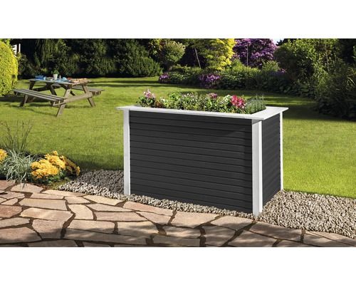Hochbeet klassisch weka 28 mm wekaline 669 120x80x81 cm anthrazit Blumenkasten aus Holz mit Pflanzen im Garten