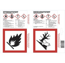 Etiketten für Otto und Diesel Kraftstoff mit Gefahrenhinweisen
