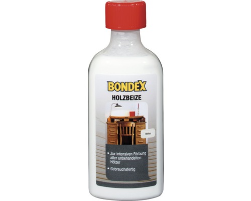 Bondex Holzbeize in einer weißen Flasche mit rotem Deckel