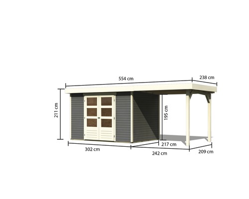 Gartenhaus mit Vordach und Maßangaben