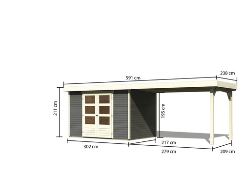 Abbildung eines Gartenhauses mit Carport und Maßangaben
