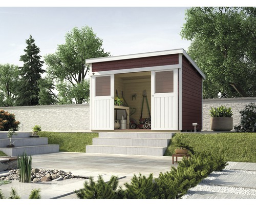 Gartenhaus weka Lugano inkl. Unterkonstruktion Fußboden 295 x 239 cm schwedischrot Gartenszene mit Gerätehaus aus Holz und geöffneten Doppeltüren