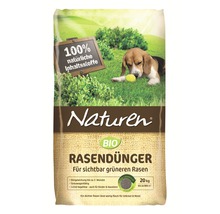 Verpackung Naturen Bio Rasendünger mit Hund und Hinweis auf hundert Prozent natürliche Inhaltsstoffe