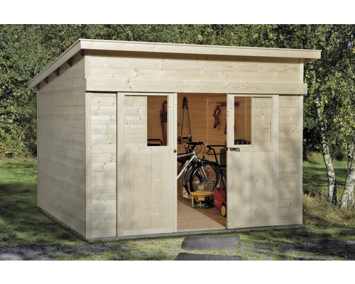 Schiebetürhaus weka Lugano 3 mit Fußboden 315 x 335 cm natur Holzgartenhaus mit Doppelschiebetür und Flachdach, im Garten stehend