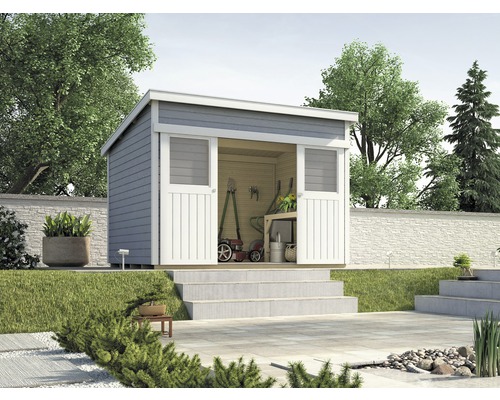Schiebetürhaus weka Lugano 3 mit Fußboden 315 x 335 cm grau Gartenhaus mit geöffneten Schiebetüren und Gartengeräten im Garten