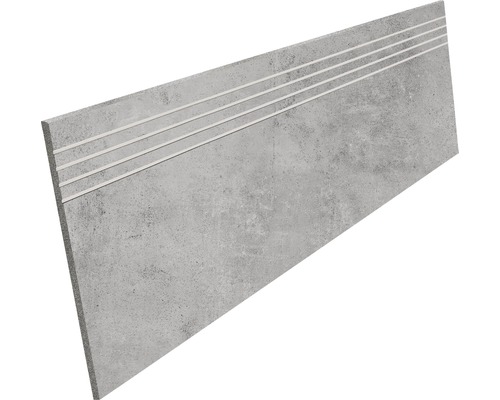 Feinsteinzeug Stufenfliese HOMEtek grey 30x120 cm lappato grau Betonfarbene Treppenstufe mit drei Rillen
