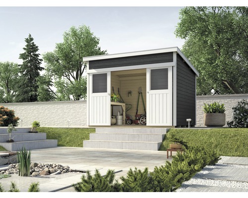 Schiebetürhaus weka Lugano 3 mit Fußboden 315 x 335 cm anthrazit Garten Szene mit Gerätehaus aus Holz, Gartengeräten und Bepflanzung