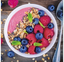 Schale mit Smoothie, Müsli, Blaubeeren, Himbeeren und Minze