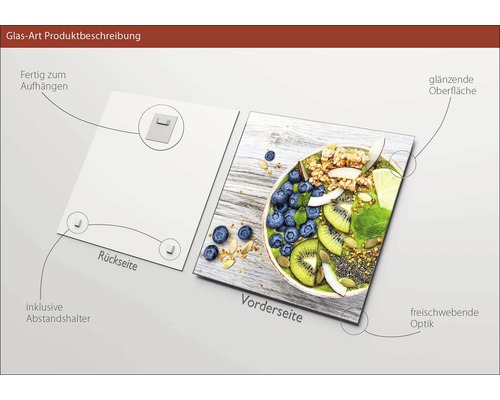 "Glasbild mit der Abbildung einer Schale mit Kiwi, Blaubeeren, Kokosnuss und Müsli