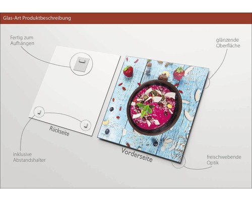 Glasbild mit Motiv einer Smoothie Bowl, inklusive Aufhängung und Abstandshalter