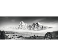 Schwarzweißfotografie einer Berglandschaft mit Bäumen und Hütten