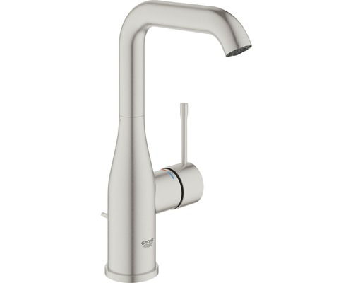 Waschtischarmatur Grohe Essence New 32628DC1 edelstahl matt Grohe Logo. Einzelner gebogener Wasserhahn mit Hebel.