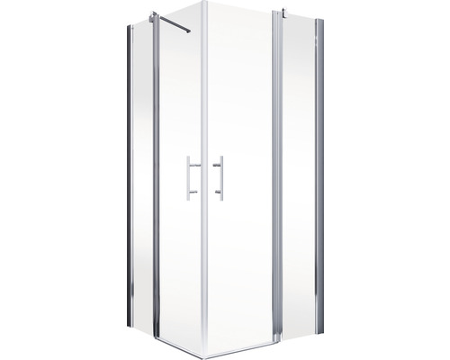 Eckdusche mit klaren Glastüren und Metallrahmen