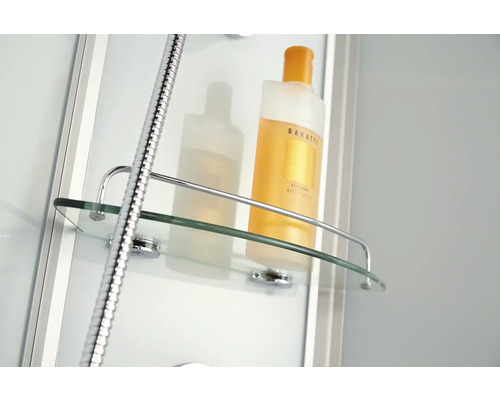 Duschregal aus Glas mit Metallhalterung und Duschgel
