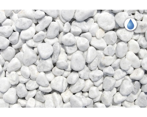 Weiße Zierkieselsteine mit Wasserbeständigkeitssymbol