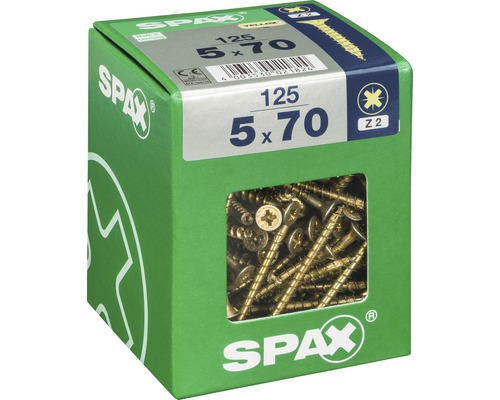 Packung mit 125 gelb verzinkten 5x70 Millimeter großen Spax Schrauben