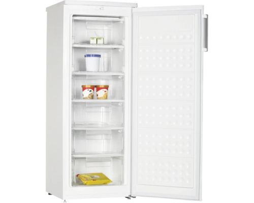 Freistehender Gefrierschrank mit offenen Schubladen zur Lebensmittelaufbewahrung