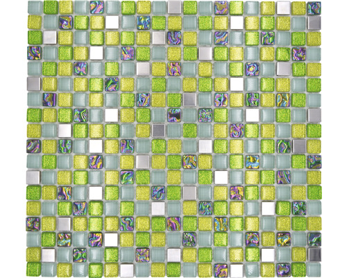 Glasmosaik Crystal Quadrat XCE 99 30,5x32,2 cm grün Mosaikfliese mit quadratischen Glas- und Metallelementen