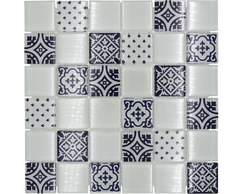 Glasmosaik Crystal Quadrat XCM 8OP1 30,0x30,0 cm weiß schwarz Mosaikfliese mit verschiedenen Mustern