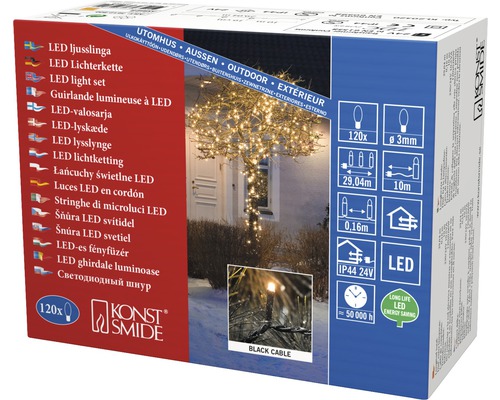 Verpackung einer LED Lichterkette für den Außenbereich mit schwarzem Kabel