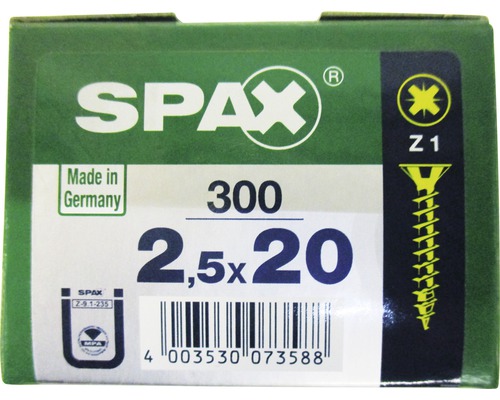 Spax Universalschraube Kreuzschlitz PZ 1, Senkkopf, Holz-Vollgewinde, 2,5x20 mm, 300 Stück Spax Universalschraube Kreuzschlitz PZ 1, Senkkopf, Holz-Vollgewinde, 2,5x20 mm, 300 Stück